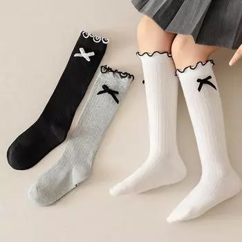 1 пара шикарных простых детских носков для девочек, милые модные детские носки с бантом и оборками, для девочек, хлопковые школьные носки на весну и осень L серый