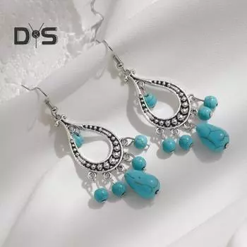 1 пара шикарных сережек с кисточками из искусственной бирюзы в стиле бохо, легкие гипоаллергенные серьги с полированным металлическим покрытием в стиле ретро синий