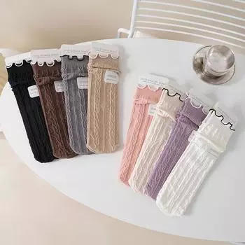 1 пара школьных носков для девочек, однотонные однотонные носки до середины икры с рюшами для девочек, весенне-осенние мягкие хлопковые носки для малышей