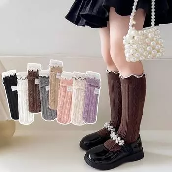 1 пара школьных носков для девочек, однотонные однотонные носки до середины икры с рюшами для девочек, весенне-осенние мягкие хлопковые носки для малышей