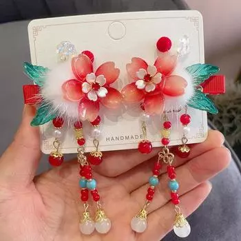 1 пара шпилек для волос для девочек в китайском стиле с длинными кисточками, цветами, бусинами, бантом, декором, противоскользящим, праздничным, новогодним украшением для волос Hai