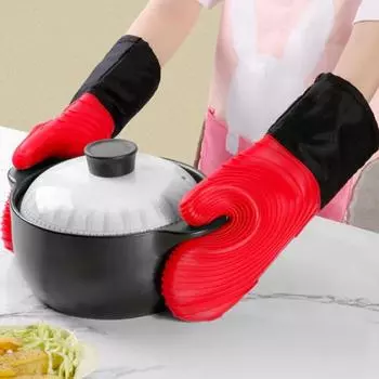 1 пара силиконовых прихваток для духовки, противоожоговые, противоскользящие, толстая хлопковая подкладка, длинные термостойкие перчатки для микроволновой печи, кухонная выпечка темно-зеленого