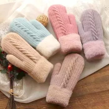 1 пара симпатичных модных вязаных варежек, зимние теплые плюс бархатные мягкие утолщенные варежки для езды на велосипеде светло-синий