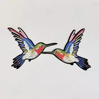 1 пара синих симметричных нашивок с вышивкой колибри, наклеек для ремонта дырок на куртках и джинсах