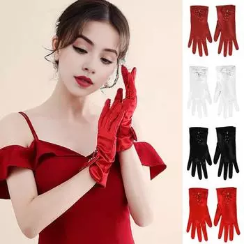 1 пара свадебных перчаток для невесты, гладкие атласные нескользящие перчатки с ажурным бантом и искусственным жемчугом, однотонные перчатки для танцев, бальных, банкетных, коктейльных, вечеринок вино красного