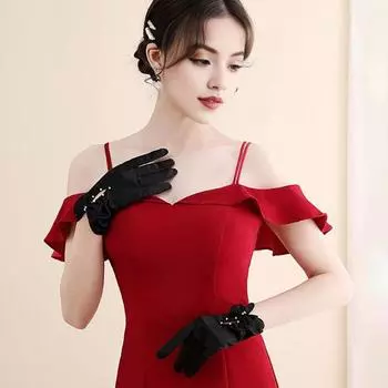 1 пара свадебных перчаток для невесты, гладкие атласные, противоскользящие, с ажурным бантом, искусственный жемчуг вино красного