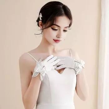 1 пара свадебных перчаток для невесты, гладкие атласные нескользящие перчатки с ажурным бантом и искусственным жемчугом, однотонные перчатки для танцев, бальных, банкетных, коктейльных, вечеринок вино красного