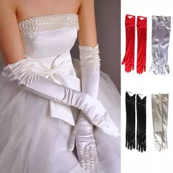 1 пара свадебных перчаток для невесты, плиссированные, гладкие, атласные, противоскользящие, с искусственным жемчугом, чистый цвет чёрный