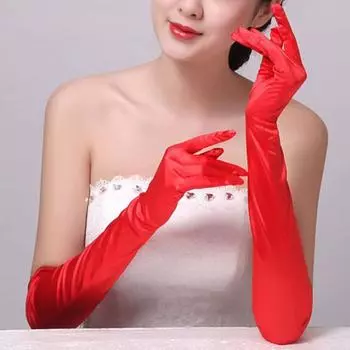 1 пара свадебных перчаток для невесты, плиссированные, гладкие, атласные, противоскользящие, с искусственным жемчугом, однотонные, для танцев, балов, банкетов, коктейлей, вечеринок, женские перчатки красный