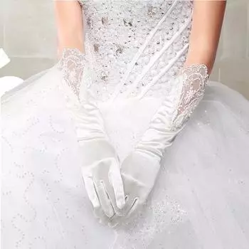 1 пара свадебных перчаток с кружевной цветочной вышивкой, романтические белые, с пятью пальцами, атласные, гладкие, дышащие, мягкие, лоскутные, перчатки для свадьбы, выпускного вечера белый