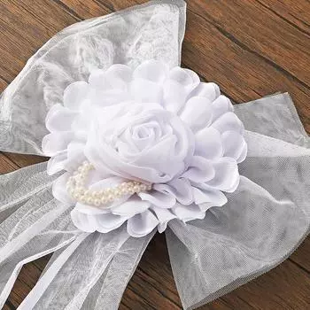 1 пара свадебных украшений для автомобиля, романтический белый высококачественный галстук-бабочка для стульев, принадлежности для декора вечеринок, кружевные цветы, жемчужный бутон, шелковая лента S белый