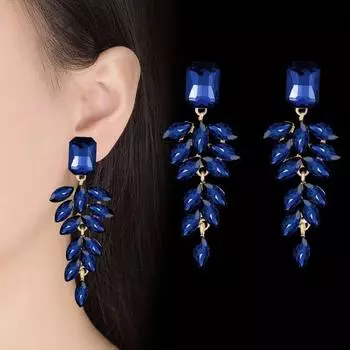 1 пара сверкающих ярких изысканных цветных женских серег со стразами в форме листьев, серьги-гвоздики, ювелирные аксессуары синий