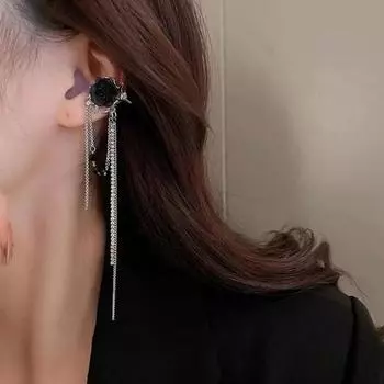 1 пара темных стильных серег с шипами и розами, металлическая цепочка с кисточками и стразами, висячие серьги-гвоздики, ювелирные изделия, подарок чёрный