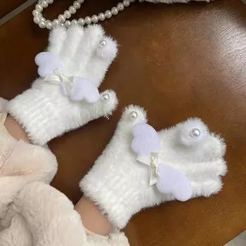 1 пара теплых перчаток из меха кролика для детей, милые перчатки с крыльями принцессы для детей, черные, белые, осенне-зимние теплые перчатки