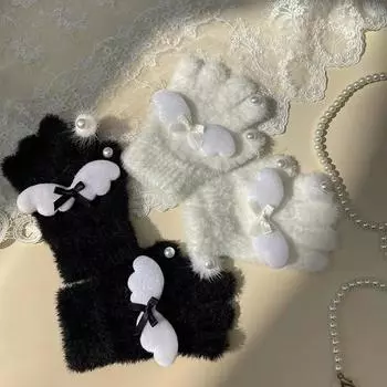 1 пара теплых перчаток из меха кролика для детей, милые перчатки с крыльями принцессы для детей, черные, белые, осенне-зимние теплые перчатки