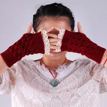 1 пара теплых зимних перчаток из кружева, вязаные перчатки с кружевными рукавами и запястьями, теплые шерстяные перчатки