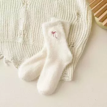 1 пара толстых теплых носков до щиколотки, машинная стирка, прочная ткань, розовые пушистые носки с бантом, носки из меха норки бежевый