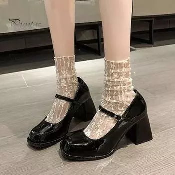 1 пара туфель на высоком каблуке, классический стиль, устойчивая фиксация стопы, регулируемые ремешки на лодыжке, поддержка свода стопы, квадратный носок, подошва из термопластичной резины, глянцевая поверхность, однотонная женская обувь 34 чёрный