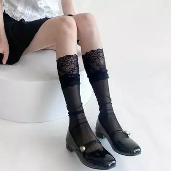 1 пара ультратонких прозрачных длинных носков, чулок для женщин, Лолита, милые носки для девочек, сексуальные кружевные сетчатые чулки, гольфы чёрный