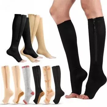 1 пара унисекс компрессионных чулок длиной до колена с открытым носком и застежкой-молнией, женские тонкие чулки для Спящей красавицы с поддержкой ног, предотвращающие варикозное расширение вен S-M