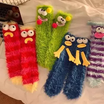 1 пара уродливых и милых забавных носков-тапочек из норки, утолщенных и теплых, осенне-зимних, с рисунком, со средним рукавом, для дома, с большими глазами European Size 35-43