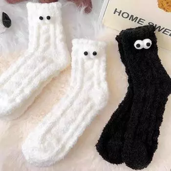 1 пара утолщенных мягких пушистых чулок, милые подарки, плюшевые носки, сохраняющие тепло, большие глаза, коралловый бархат белый