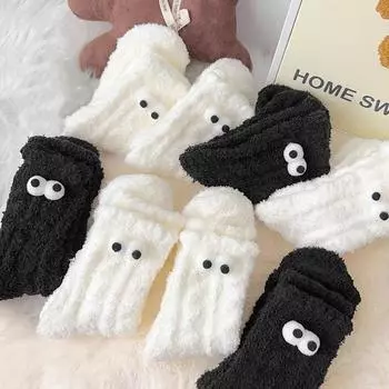 1 пара утолщенных мягких пушистых чулок, милые подарки, плюшевые носки, сохраняющие тепло, большие глаза, коралловый бархат белый