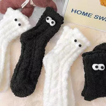 1 пара утолщенных мягких пушистых чулок, милые подарки, плюшевые носки, сохраняющие тепло, большие глаза, коралловый бархат