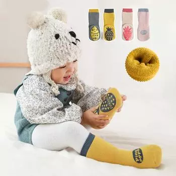 1 пара утолщенных противоскользящих детских носков-пол со средней трубкой с фруктовым узором S серый