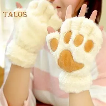 1 пара утолщенных зимних перчаток с половиной пальца, эластичные манжеты, ветрозащитные, мягкие зимние плюшевые перчатки с рисунком кошачьей лапы, аксессуары для костюмов хаки