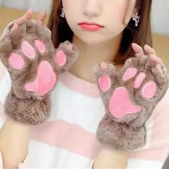 1 пара утолщенных зимних перчаток с половиной пальца, эластичные манжеты, ветрозащитные, мягкие зимние плюшевые перчатки с рисунком кошачьей лапы, аксессуары для костюмов хаки