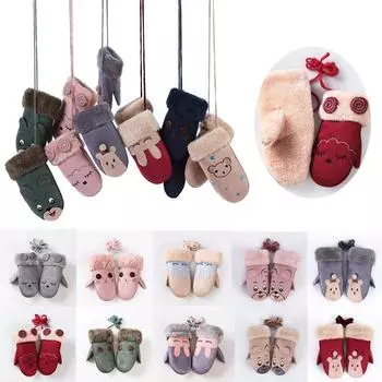 1 пара варежек унисекс, утепленные зимние теплые детские перчатки с полным пальцем, искусственная замша, мультяшные животные Style 1 красный