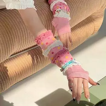 1 пара ветрозащитных вязаных варежек, модные розовые перчатки без пальцев в стиле Лолиты с рукавами-пузырями