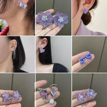 1 пара висячих серег, простые геометрические серьги-гвоздики с фиолетовым цветком и сердцем M