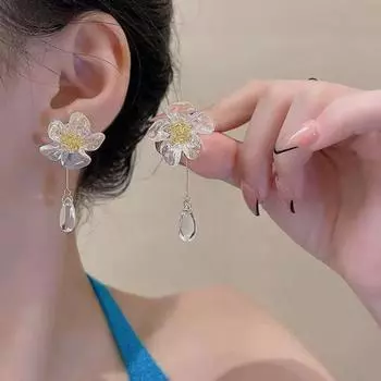 1 пара висячих серег с искусственным кристаллом, элегантные серьги-гвоздики во французском стиле, гипоаллергенные прозрачные цветочные серьги, модные украшения белый
