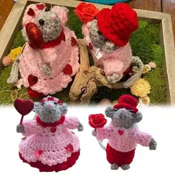 1 пара вязаных крючком мышей, пара мышей, ручная работа, украшения ко Дню святого Валентина, кукла-мышь для стола, каминной полки, прикроватного столика розовый