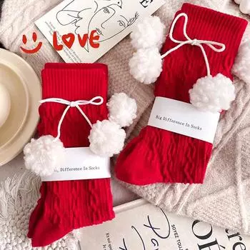 1 пара вязаных новогодних носков с универсальным декоративным узором, сладкие шарики из овечьей шерсти красного цвета