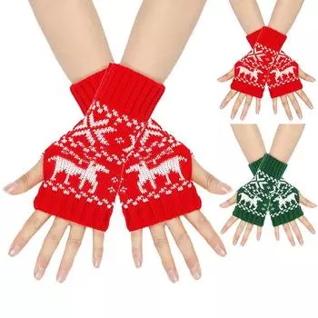 1 пара вязаных перчаток, короткие, сохраняющие тепло, с полупальцами, с рисунком оленя, Рождество
