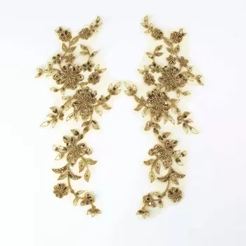 1 пара вышитых бисером пайеток кружева аппликация золотистый пришитый цветок ткань воротник нашивка мотив свадебное платье свадебное платье своими руками ремесло золотистый