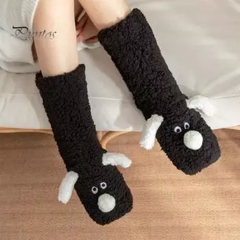 1 пара взрослых зимних носков-тапочек с рисунком собаки из мультфильма, утолщенные плюшевые, двойные, теплые, противоскользящие, длинные носки, праздничный подарок белый