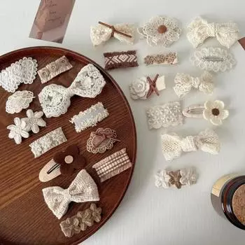 1 пара заколок для девочек из бежевой трикотажной ткани с цветочным бантом, мягкие кружевные заколки для волос, аксессуары для волос маленькой принцессы