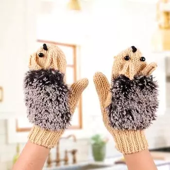 1 пара, защита от холода, модные милые перчатки в виде ежа, зимние теплые вязаные варежки с изображением животных из мультфильмов