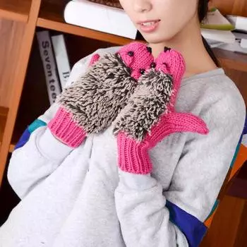 1 пара, защита от холода, модные милые перчатки в виде ежа, зимние теплые вязаные варежки с изображением животных из мультфильмов