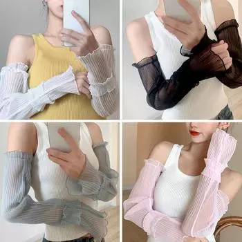 1 пара защитных рукавиц для рук, мягкие дышащие варежки без пальцев из ледяного шелка, солнцезащитные перчатки, защита от солнца, кружевные тонкие рукава белый