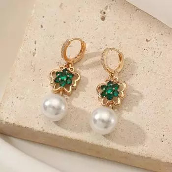 1 пара зеленых цветов искусственный жемчуг висячие серьги для женщин кубический цирконий ювелирные изделия свадебные аксессуары для вечеринки белый