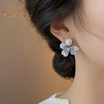 1 пара, женские висячие серьги в форме цветка, искусственный жемчуг, искусственный кристалл Deor, женские серьги для поездок на работу, вечерние, висячие серьги для невесты, свадебные украшения синий