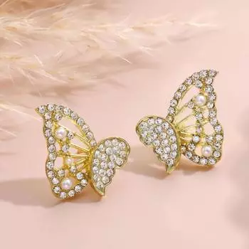 1 пара женских элегантных серег-гвоздиков, блестящие стразы, инкрустированные в форме бабочек, серьги-гвоздики для ушей, ювелирные изделия в подарок золотистый