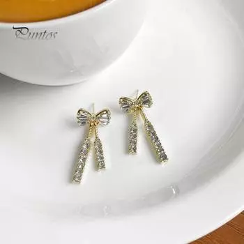 1 пара женских элегантных серег-гвоздиков с бантом, декор, длинные висячие серьги с кисточками, сверкающие стразы, висячие серьги, ювелирные изделия, подарок золотистый
