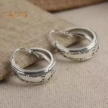 1 пара женских этнических серег, винтажные гравированные серьги-кольца в форме буквы С из полированного сплава, легкие серьги-кольца для повседневного свидания, путешествий, висячие серьги серебряный