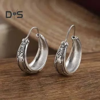 1 пара женских этнических серег, винтажные гравированные серьги-кольца в форме буквы С из полированного сплава, легкие серьги-кольца для повседневного свидания, путешествий, висячие серьги серебряный